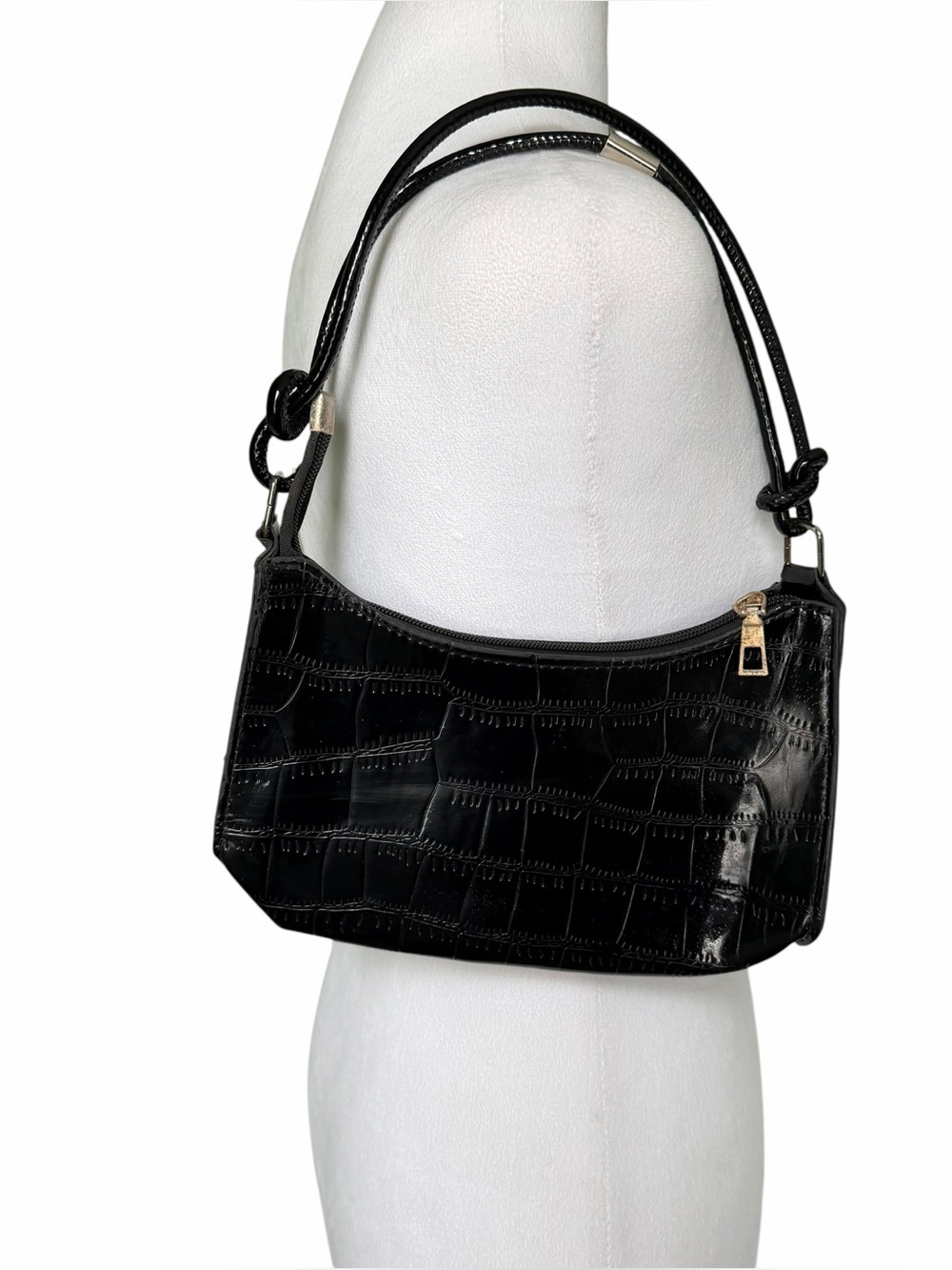 Mini Shoulder Bag Purse Black Faux Leather Croc Embossed Texture Baguette Y2K